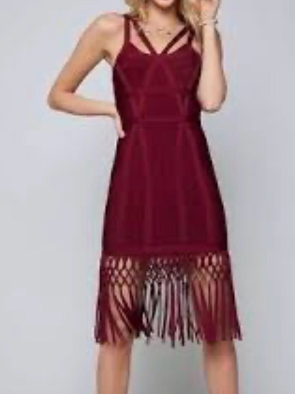 bebe Burgundy Strappy Midi Dress with Fringe Hem